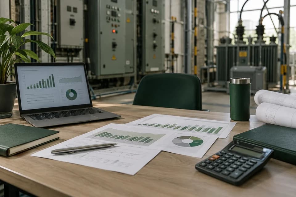 Mesa de consultoria com gráficos de consumo de energia e calculadora