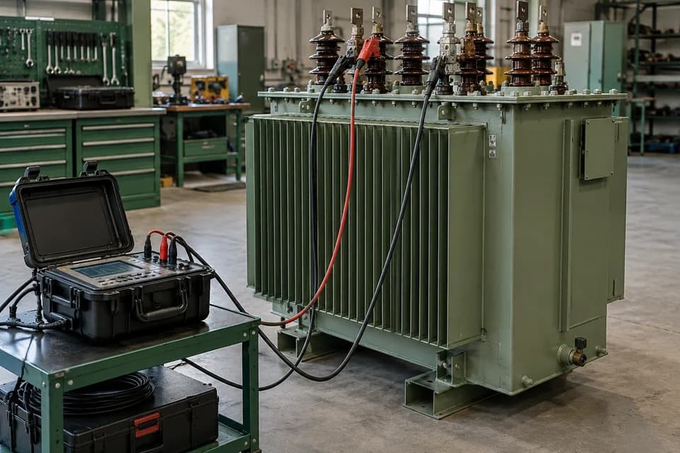 Equipamento de ensaios elétricos conectado a um transformador