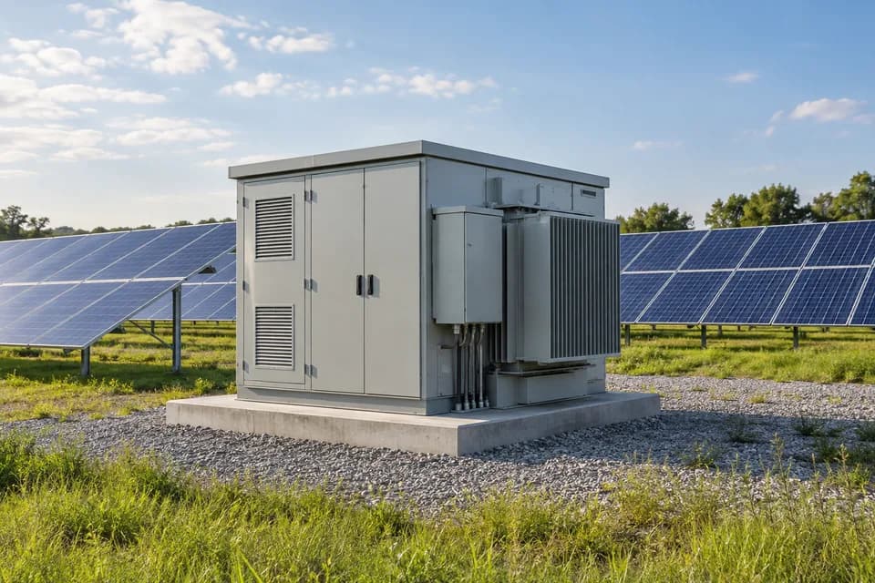 Transformador ao lado de pain?is de energia solar